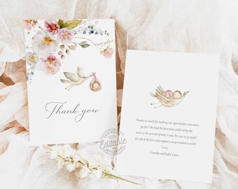 Boho Wildflower Baby Shower Thank you Card, Pink Floral Baby Shower, Girl Baby Shower Thank you card, Editable Template WD 229