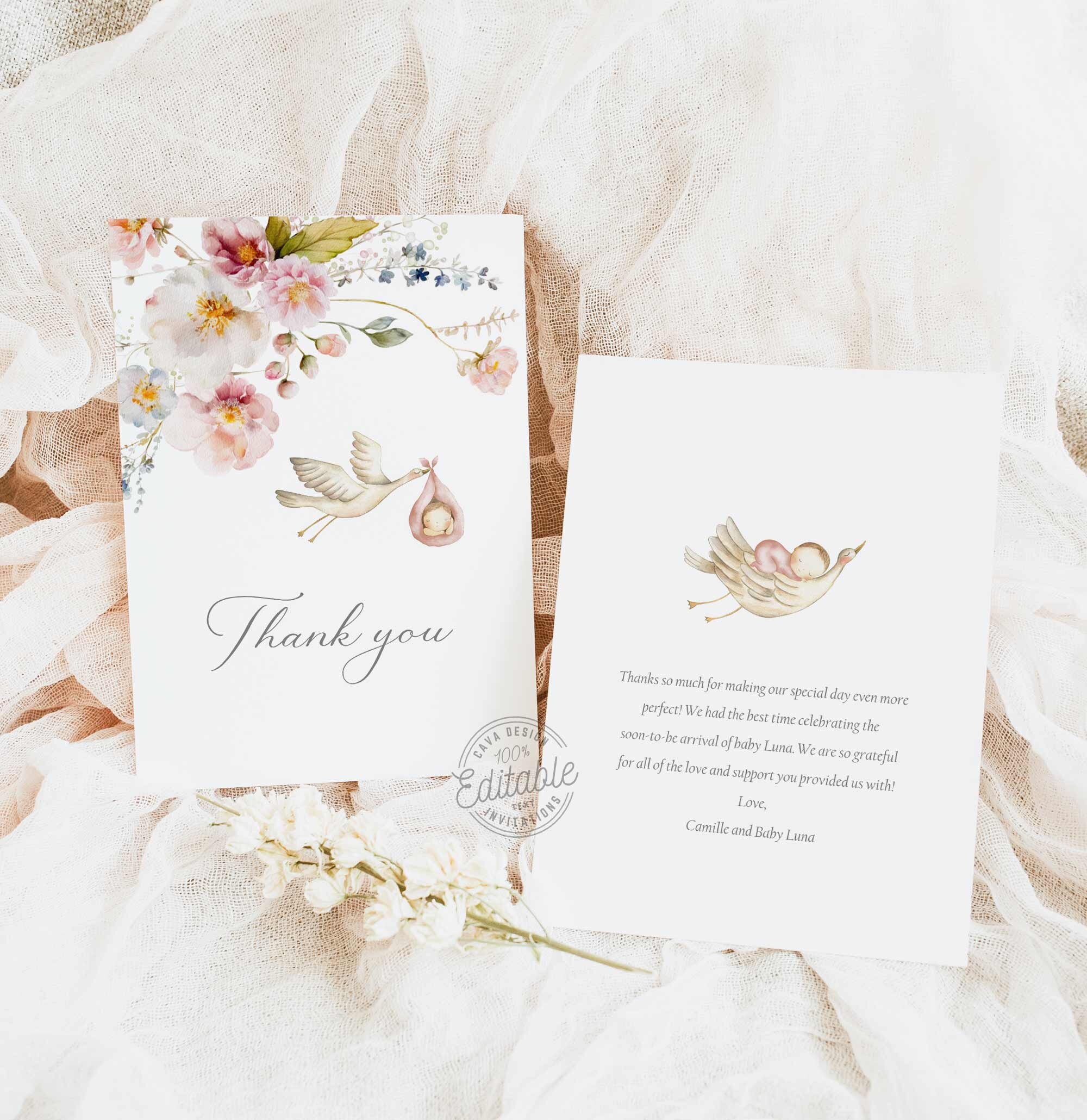 Boho Wildflower Baby Shower Thank You Card, Pink Floral Baby  