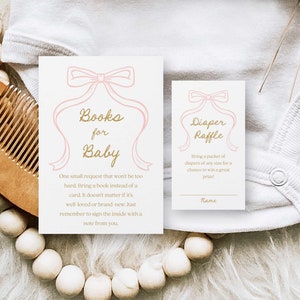 Rosa Schleife Bücher für Baby Karte, Rosa Mädchen Windel Lotte, Minimalistische Mädchen-Babyparty, Preppy Baby Shower Printable Downloads 0269