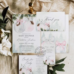 Modèle d’invitation de douche de bébé d’hiver de fille, douche de bébé de décembre imprimable, Evite, modèle modifiable de paquet de douche de bébé XMAS 210G