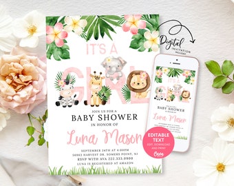 Editable Girl Safari Baby Shower Invitation, Its a Girl Baby Shower Invitation Template, Jungle Baby Shower Invitation Download 0338SGL