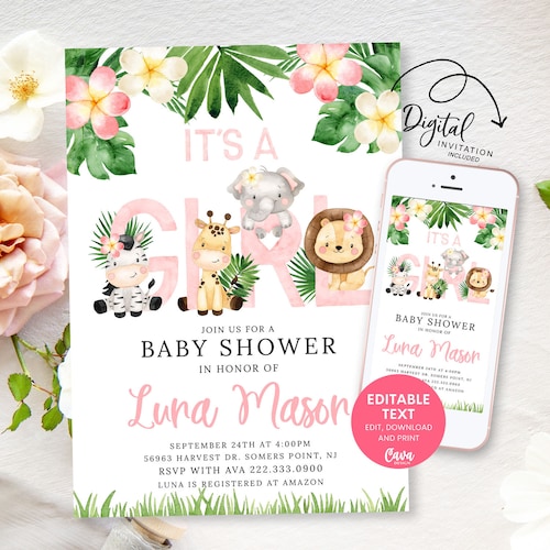 Editable Safari Girl Baby Shower Invitation Jungle Baby Shower Etsy