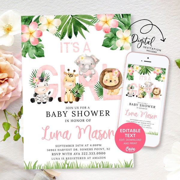 Editable Girl Safari Baby Shower Invitation, Its a Girl Baby Shower Invitation Template, Jungle Baby Shower Invitation Download 0338SGL