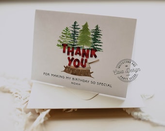 Lumberjack Thank You Card, Buffalo Plaid Birthday Thank You Folded, Camping Birthday Printable Thank You Card, 0237