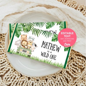 Safari Wild One Chocolate Wrapper Printable, Jungle Theme Candy Bar Wrapper, Boy Zoo Birthday Chocolate Bar Wrapper INSTANT DOWNLOAD 238G