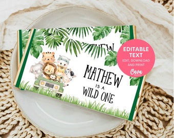 Safari Wild One Chocolate Wrapper Printable, Jungle Theme Candy Bar Wrapper, Boy Zoo Birthday Chocolate Bar Wrapper INSTANT DOWNLOAD 238G