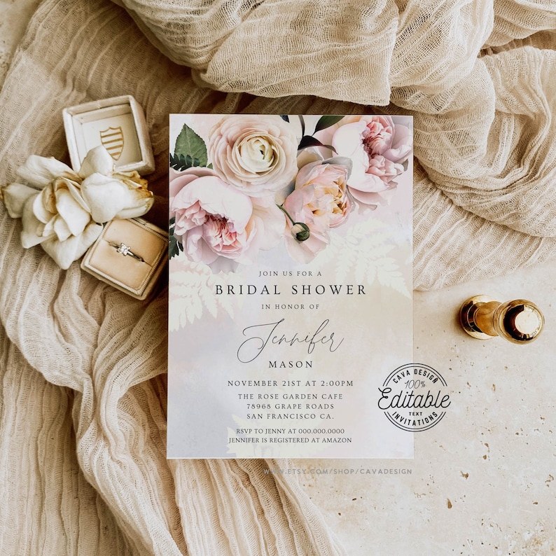 Blush Bridal Shower Invitation Template Pink Flower Bridal Etsy
