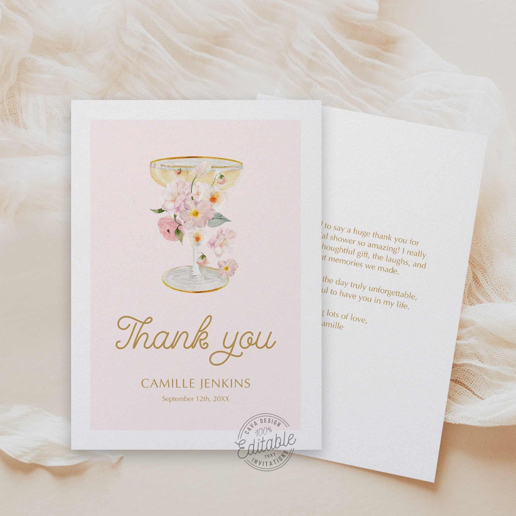 Petals and Prosecco Thank You Card, Bubbly Bridal Shower Thank You  