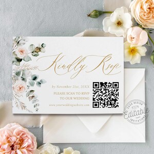 以下が含まれることがあります： 「Kindly RSVP by November 21st, 20XX」という金色の文字と花柄が描かれた白いカード。カードにはQRコードと「PLEASE SCAN TO RSVP TO OUR WEDDING」および「www.yourweddingwebsite.com」というテキストも含まれています。