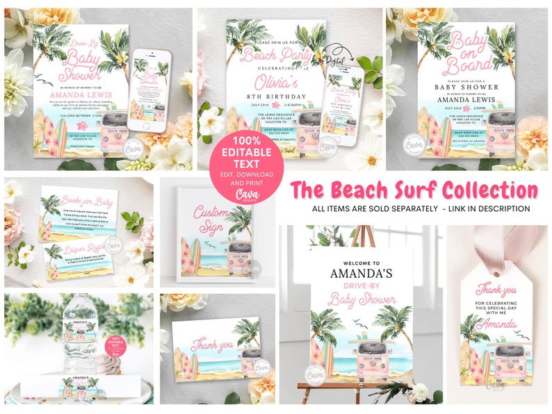 Editable Baby on Board Invitation, Girl Beach Baby Shower Invitation, Summer Baby Shower, Invitation Template, Download BSG_0293 image 2