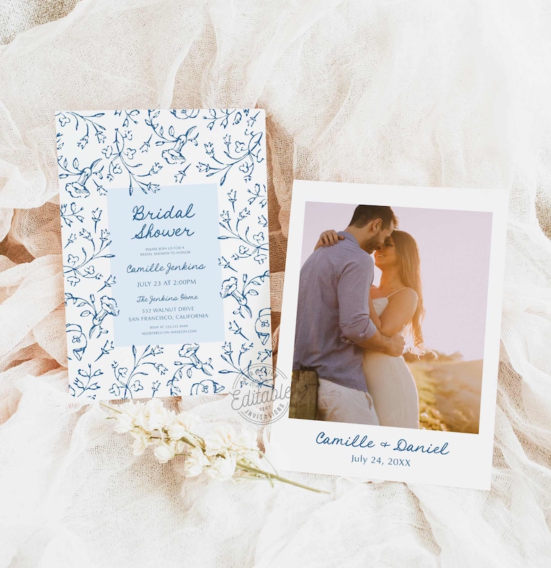May include: A blue and white floral patterned invitation for a bridal shower. The invitation includes the text "Bridal Shower" and the name "Camille Jenkins". The invitation also includes the date and time of the shower, the location, and the RSVP information. A separate photo card features a couple embracing with the text "Camille & Daniel" and the date "July 24, 20XX".