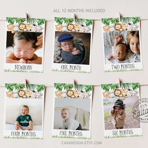 Wild One Jungle Milestone Photo Card Banner, Cartões mensais com fotos neutras em termos de gênero, Banner de 1º aniversário Safari para impressão, download 238G