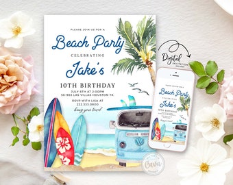 Boy Beach Party Invitation, Summer Boy Birthday Invitation, Surf Birthday Invite, Beach Birthday Invitation Template, BSB_0293