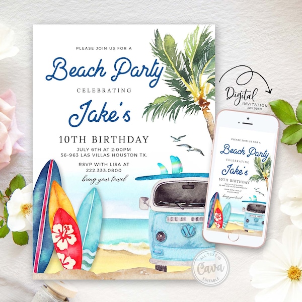 Faire-part de fête de plage garçon, faire-part d'anniversaire de garçon d'été, invitation d'anniversaire de surf, modèle d'Invitation d'anniversaire de plage, BSB_0293