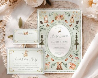 Rustic Woodland Baby Shower Invitation Template, Gender Neutral Forest Animals Baby Invite, Sage Green Neutral Baby Shower Set  0458G