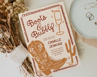 Boots and Bubbly Bridal Shower Invitation, Cowgirl Bridal Shower, Hand Drawn, Boots Bridal Shower, Invitation Template --WD 0280