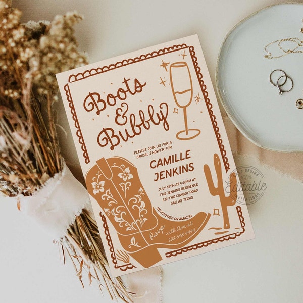 Boots and Bubbly Bridal Shower Invitation, Desert Theme Bridal Shower, Hand Drawn, Boots Bridal Shower, Invitation Template --WD 0280