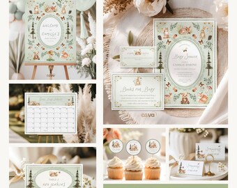 Rustic Woodland Baby Shower Bundle Template, Gender Neutral Forest Animals Baby Shower Printable Set, Sage Green Baby Shower Bundle 0458
