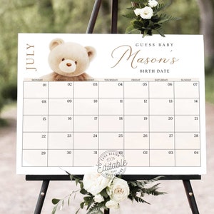 Adivinar fecha de vencimiento Calendario Juego Oso de peluche, Juegos de baby shower de género neutro, Cartel de fecha de vencimiento, Juego de fecha de nacimiento, Adivinar fecha de llegada, WD 224-B