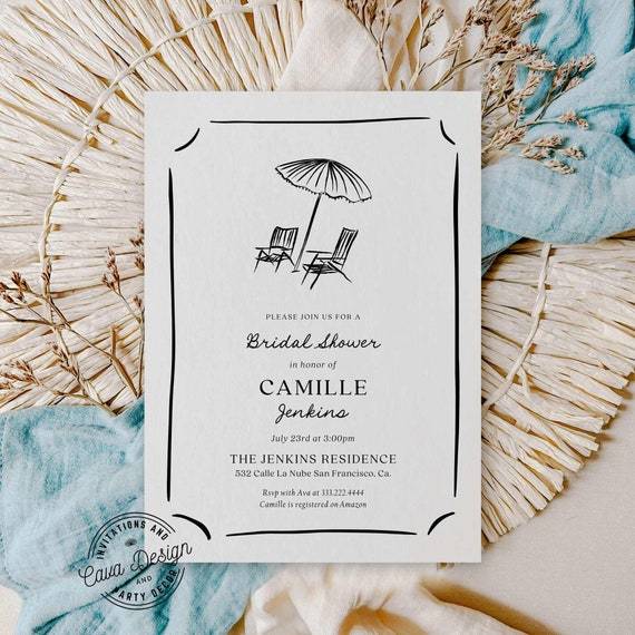 Beach Bridal Shower Invitation: Minimalist Black and White Template 0271