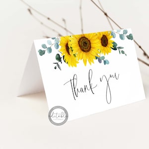 Plantilla de tarjeta de agradecimiento de girasol, plantilla de tarjeta de agradecimiento de baby shower de girasol, tarjeta de agradecimiento imprimible, tarjeta de agradecimiento editable, 0280S
