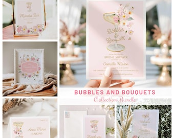 Bubbles and Bouquets Bridal Shower Invitation Bundle, Champagne Bridal Shower, Blush Garden Bridal Shower Collection Editable Templates 0239