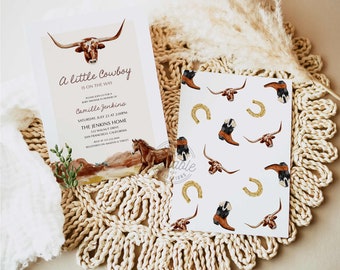 May include: A baby shower invitation with a watercolor illustration of a longhorn steer and a horse. The invitation is for a baby shower for a boy and says "A little Cowboy is on the way".