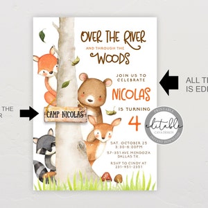 May include: Printable invitation for a 4th birthday party with a woodland theme. The invitation features a brown tree with a sign that says "Camp Nicolas" and a variety of woodland animals, including a fox, a deer, a raccoon, and a bear. The text on the invitation reads "Over the River and Through the Woods" and "Join us to celebrate Nicolas is turning 4".