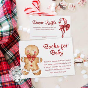Demande de livre de baby shower de Noël et carte de couche, livres de bonhomme en pain d'épice pour bébé, carte de tombola de couches, baby shower de Noël modifiable, WD 0410
