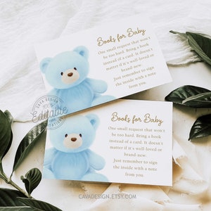 Livres d'ours pour carte de bébé, jeu de douche de bébé ours en peluche bleu, demande de livre de douche de bébé ours, modèle modifiable imprimable, WD 224-BT