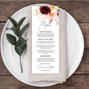 Modello di carta per menu per matrimoni autunnali, modello di carta per menu bordeaux, modello di menu modificabile, menu per nozze modificabile, DOWNLOAD digitale 0298