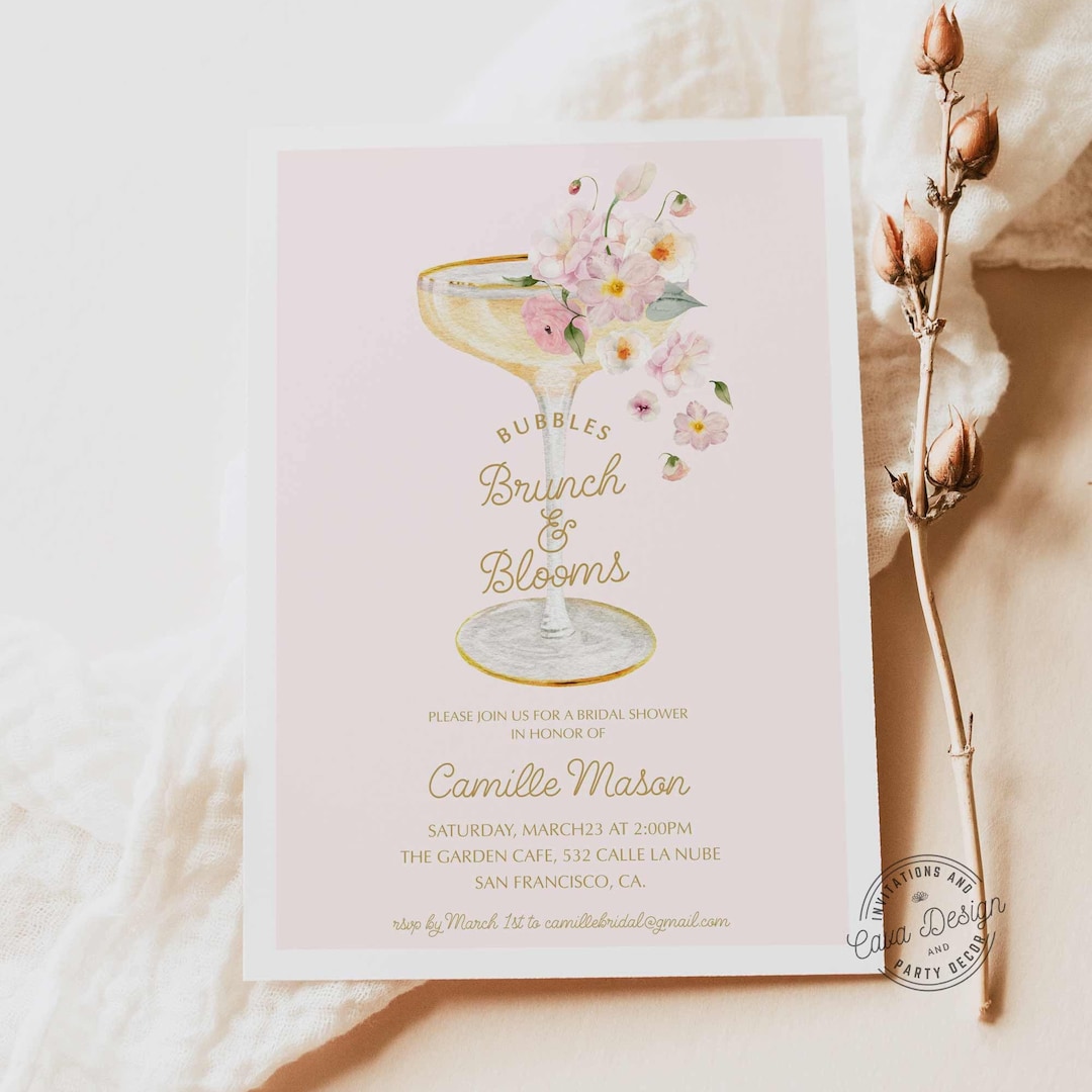 Bubbles Brunch & Blooms Invitation, Champagne Bridal Shower Invitation, Bubbly and Floral Bridal