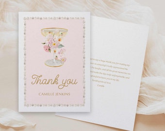 Perlen und Prosecco Dankeskarte, Rosa Blumen Brautparty Dankeskarte Sofort Download, WD 239P