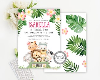 Safari Girl Birthday Invitation, Jungle Birthday Invitation, Zoo Animal Invitation, She's Two Wild Birthday Invitation Template 238F