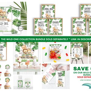 May include: A collection of printable party decorations for a wild one themed birthday party. The decorations include invitations, signs, thank you cards, and cupcake toppers. The decorations feature a jungle animal theme with a green, brown, and orange color scheme. The text on the decorations includes "Wild One", "Safari Snacks", "Watering Hole", "Don't Feed the Animals", "Cards and Gifts", "Sweet Treats", "Favors", "Sanitizing Station", "Mathew's Birthday Party", and "Thank You".