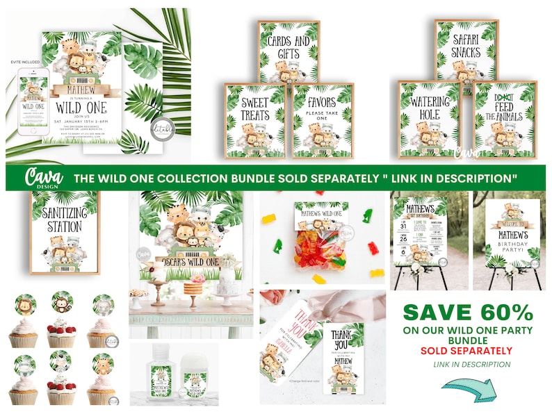 May include: A collection of printable party decorations for a wild one themed birthday party. The decorations include invitations, signs, thank you cards, and cupcake toppers. The decorations feature a jungle animal theme with a green, brown, and orange color scheme. The text on the decorations includes "Wild One", "Safari Snacks", "Watering Hole", "Don't Feed the Animals", "Cards and Gifts", "Sweet Treats", "Favors", "Sanitizing Station", "Mathew's Birthday Party", and "Thank You".