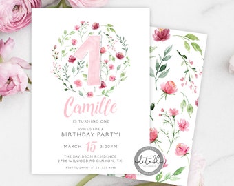 Baby Girl First Birthday Invitation, Pink Flower Birthday Invitation, First Birthday Party Invite,  EDITABLE Template, BRTH0276