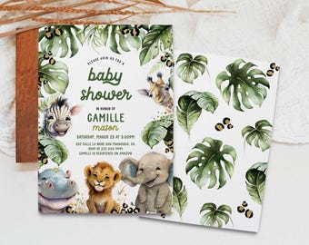 May include: A baby shower invitation with a jungle theme. The invitation features a green, leafy background with a variety of animals, including a giraffe, zebra, lion, and elephant. The text on the invitation reads "Please join us for a baby shower in honor of Camille Mason. Saturday, March 23 at 3:00PM. 532 Calle La Nube San Francisco, CA. RSVP at 222-333-1999. Camille is registered on Amazon."