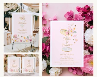 Petals and Prosecco Bridal Shower Bundle Template, Champagne Bridal Shower Decorations Set, Editable Garden Bridal Shower Invite Suite  239