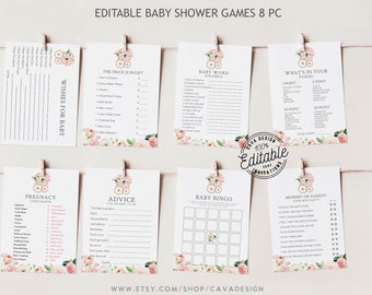Puede incluir: Ocho tarjetas de juego de baby shower imprimibles con diseños florales rosas. Los juegos incluyen: Deseos para el bebé, El precio es correcto, Descifrar palabras para bebés, ¿Qué hay en tu bolso?, Coincidencia de dulces de embarazo, Consejos para mamá, Bingo para bebés y ¿Mamá o papá?