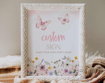 Signo personalizado de baby shower de niña mariposa, plantilla de signo de baby shower de flores silvestres, plantilla de signo personalizable, signo de fiesta de mariposa rosa 0261