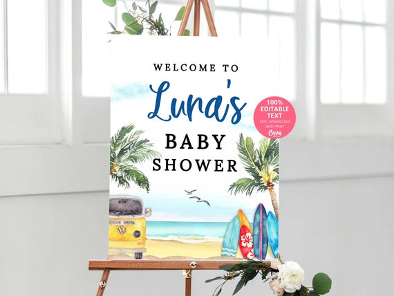 Beach Baby Shower Welcome Sign, Summer Baby Shower Welcome Poster, Surf  Themed Baby Shower Welcome Sign, Printable Sign, 0338_SB 