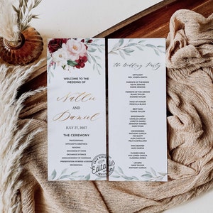 Burgundy Flower Wedding Program Template, Editable Program Template, Order of Service, Ceremony Program, Folded Program, Printable, 0205