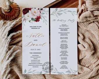 Burgundy Flower Wedding Program Template, Editable Program Template, Order of Service, Ceremony Program, Folded Program, Printable, 0205