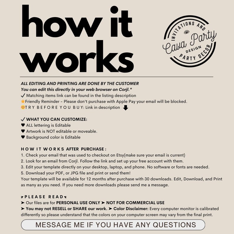 May include: A graphic with the text "how it works" in large black letters. The graphic explains how to edit and print a digital template. It includes a checklist of steps and a disclaimer about personal use only. The graphic also includes a logo for "Cava Party Design".