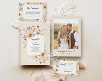 Boho Wildflower Wedding Invitation Set: Rsvp and Details Card Printable Templates 0274