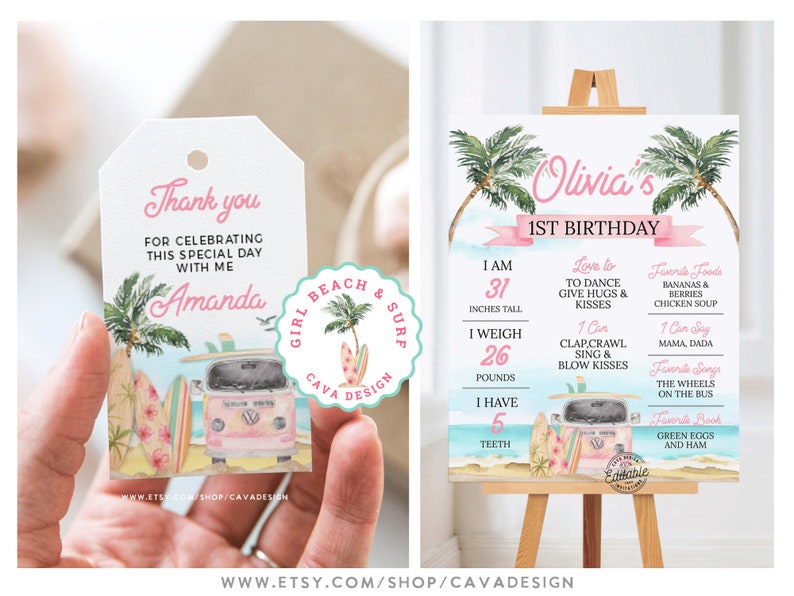 Girl Beach Birthday Party Invitation Bundle, Girl Summer Birthday Invitation Set, Birthday Milestone, Editable Printable Templates, BSG 0293 image 5