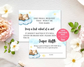 Teddy Bear Bring a Book Card and Diaper Raffle Card Printables, Woodland Baby Shower Insert Cards Instant Download B0341