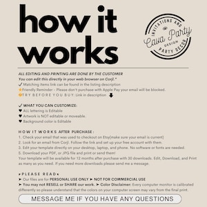 May include: A how-to guide for editing and printing digital templates. The text explains that all editing and printing is done by the customer and that the templates can be edited in a web browser using Corjl. The text also includes a friendly reminder to not purchase with Apple Pay and to try before you buy. The text also explains what can be customized, including all lettering, and what is not editable, including the artwork and background color. The text also includes instructions on how to use the templates after purchase.