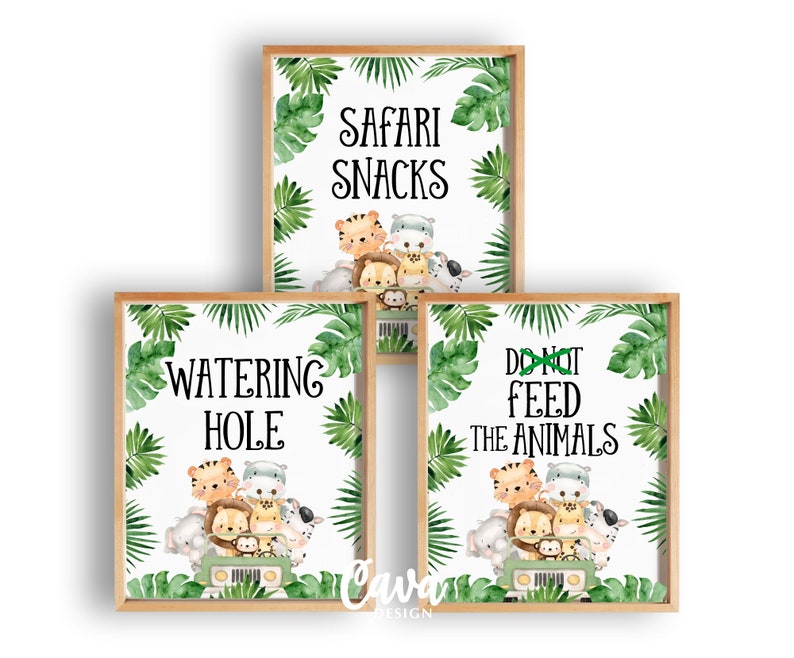 May include: Three printable signs with a jungle theme. The signs feature a cartoon safari jeep with animals peeking out of the windows. The text on the signs reads "Safari Snacks", "Watering Hole", and "Do Not Feed The Animals".